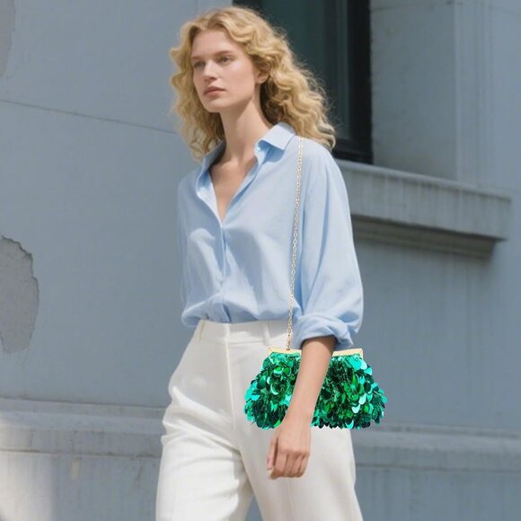 Green Sequin Evening Clutch Purse for Women | Elegant Glam Wedding Party Prom Ni - Picture 3 of 6